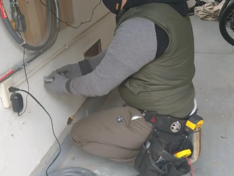 Electrician performing outlet wiring in a Fenton garage